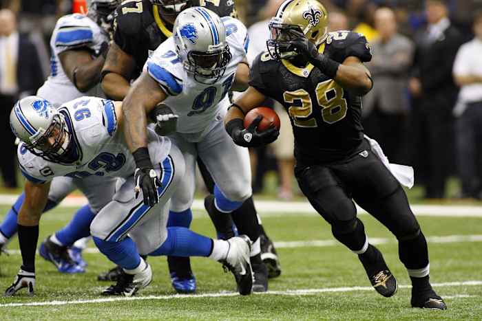 December 4, 2011; New Orleans Saints running back Mark Ingram (28) carries the ball against the Detroit Lions. Mandatory Credit: John David Mercer-USA TODAY Sports